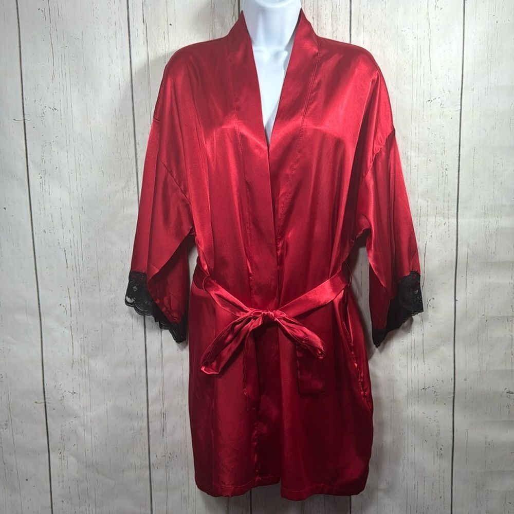 Fredericks of Hollywood Red Satin Lace Trim Robe L Romantic Valentine Day